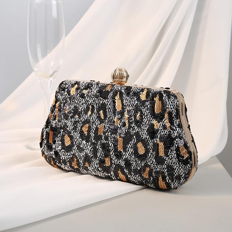 Vintage Women's Bags Leopard Pattern Embroidered Sequins Frame Evening Clutch Bags