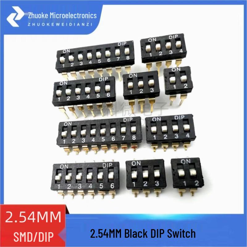 

2.54mm Black SMD DIP Switch with Gold-Plated Legs - Available in 1P, 2P, 3P, 4P, 5P, 6P, and 8P Positions 2 Position - Through Hole
