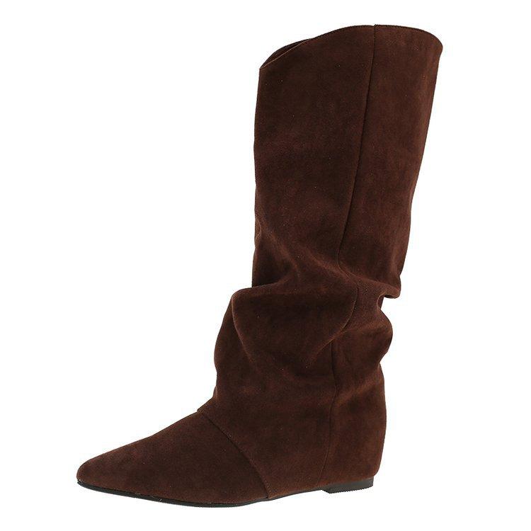 

Женские замшевые плиссированные ботфорты на скрытой платформе, новые осенне-зимние 2025 года, с острым носком, в стиле вестерн, ковбойские, с отворотом, полусапоги 39