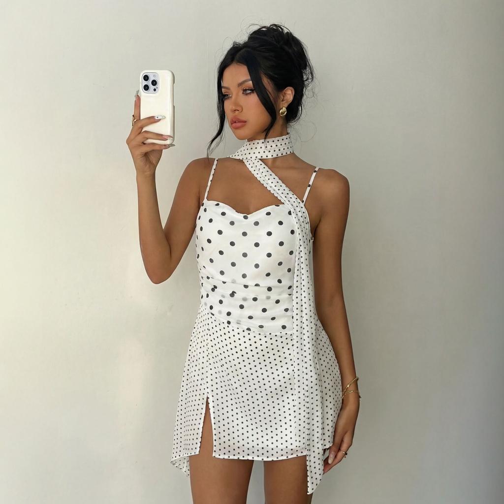 European and American new summer polka dot suspender dress women's clothing neck halter short skirt French sexy skirt women