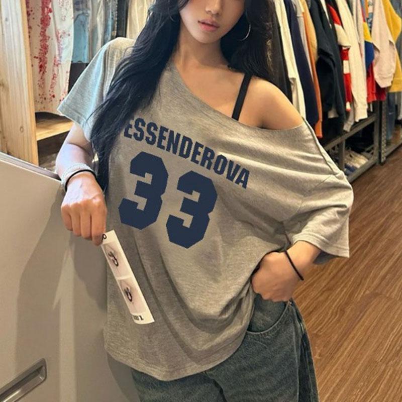 

Summer Women Off Shoulder Number Print Loose Casual Gray T Shirt S