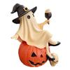 Harz Spukhaus Dekoration Niedliche Geisterfigur, Sitzt auf Kürbisstatue mit Hexe Halloween Tischhut, Tischdekoration für Party Lustige Regalpuppe