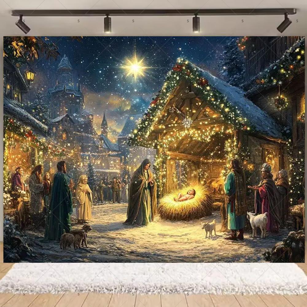 Nativity Scene Background Banner Starry Night Traditional Christmas Religious Jesus Backdrop Supplies Christmas Party Decoration
