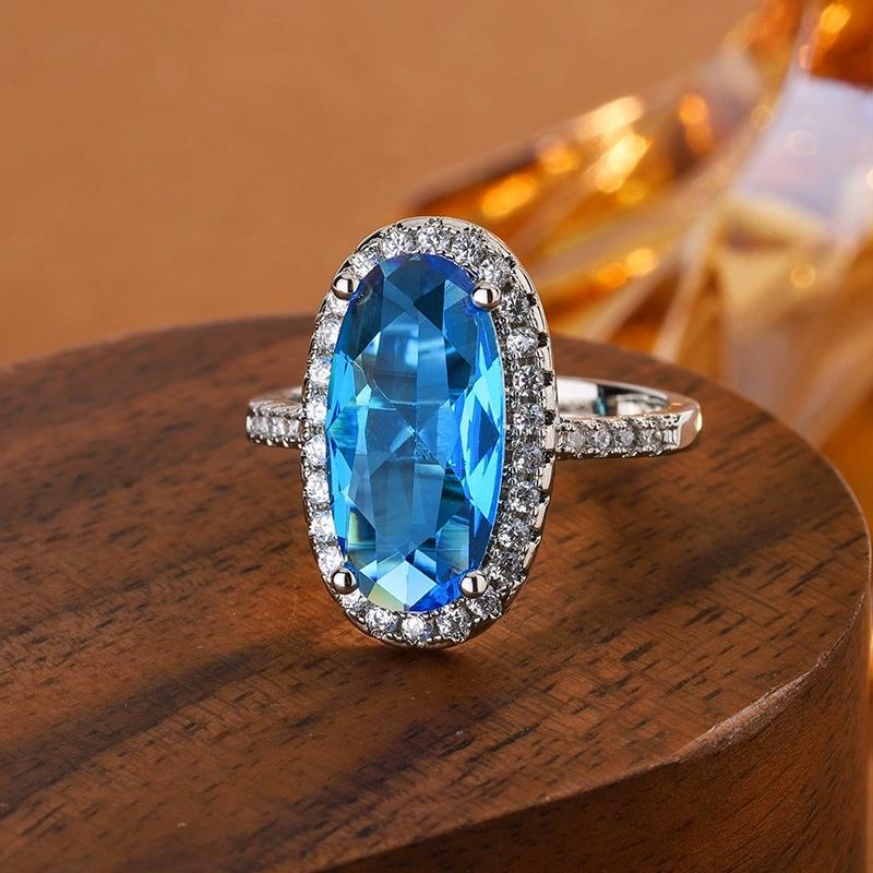 Charming Blue Oval CZ Women S Sterling Silver Rings Wedding Bling Bling Graceful Bridal Eternity Ring Trendy