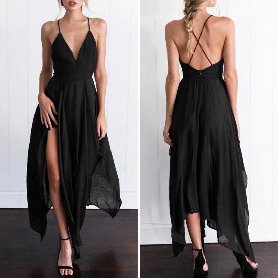 Women Prom Dress Deep V Neck Low Cut Sleeveless Backless Spaghetti Strap Dress-up Cross Back Irregular Hem Wedding Dress Women Clothes