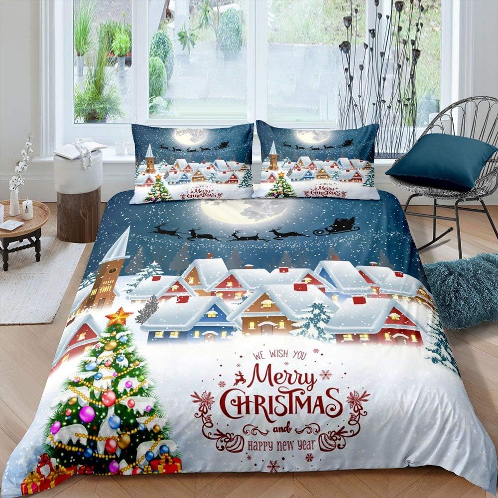Christmas Tree Duvet Cover Santa Claus Christmas Night Scene Decor Comforter Cover For Family Teens Merry Christmas Theme Decor