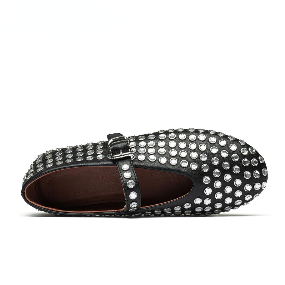 Stylish Studded Crystal Women's Mary Jane Fashion Flat Shoes Casual Soft Leather Comfortable Women  Shoes