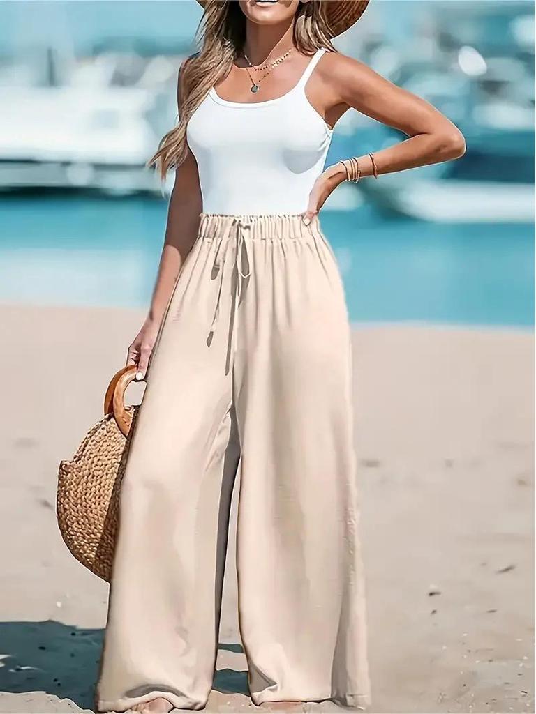 Women's Wide-Leg Long Polyester Casual Pants