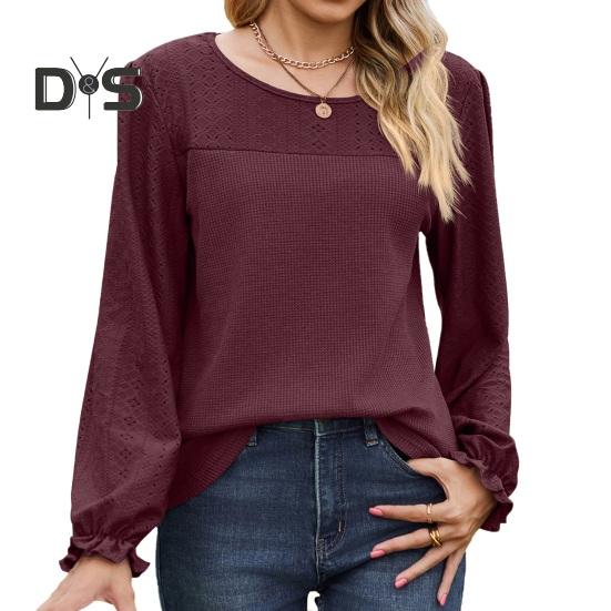 

Женские топы с круглым вырезом, длинным рукавом, однотонная футболка с вафельным узором, однотонная свободная футболка M вино красного
