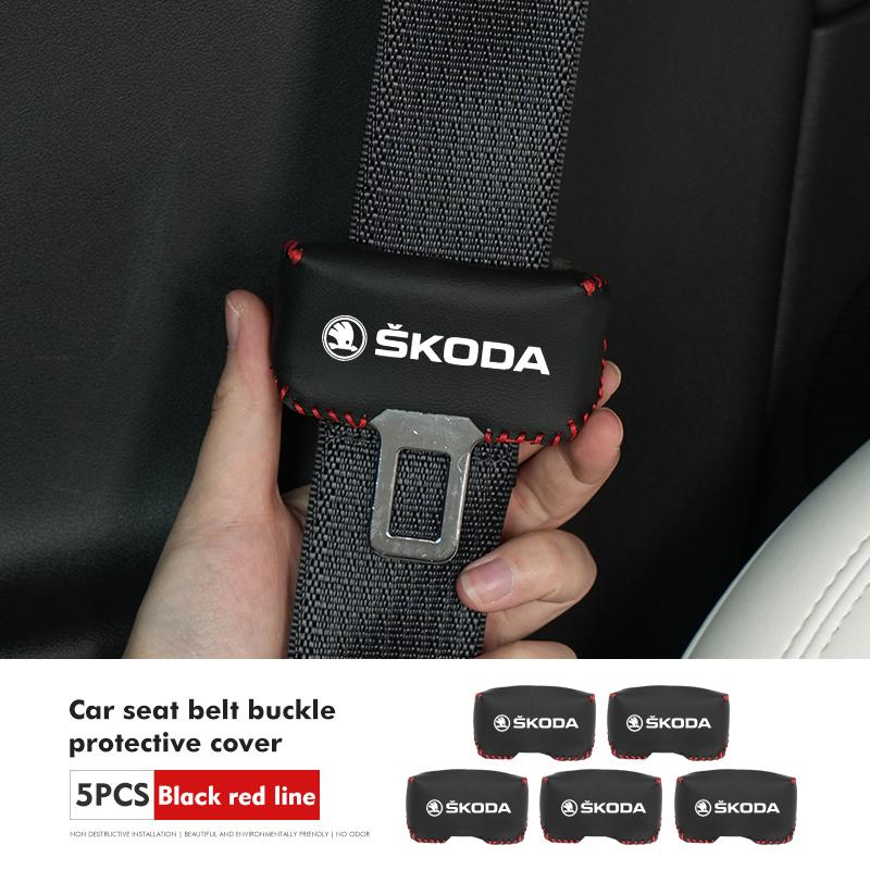 VIJT4 Car Seat Belt Buckle Cover Leather Protector Anti-collision Case For Skoda Kodiaq Octavia 2 3 Rapid Karoq Fabia Kamiq Superb