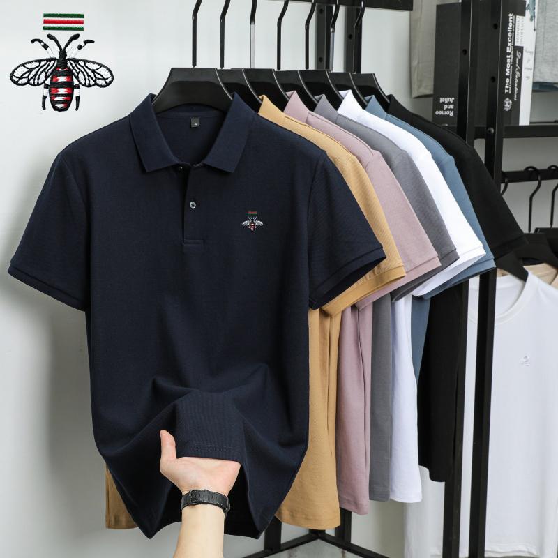 Summer Men's New Bee Embroidered Solid Color Mercerized Cotton Loose Moisture Wicking and Quick Drying Casual Polo Shirt
