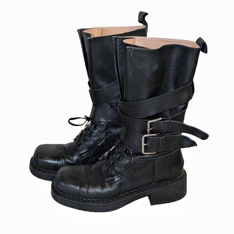 

Vintage strap-on knight boots women s 2025 new square head thick heel western boots medium boots locomotive boots 35