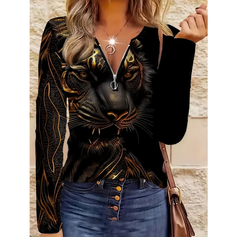 Women's Creative Printed Zipper Long-sleeved T-shirt, Breathable, Soft and Comfortable, Suitable for All-year-round Casual Wear
