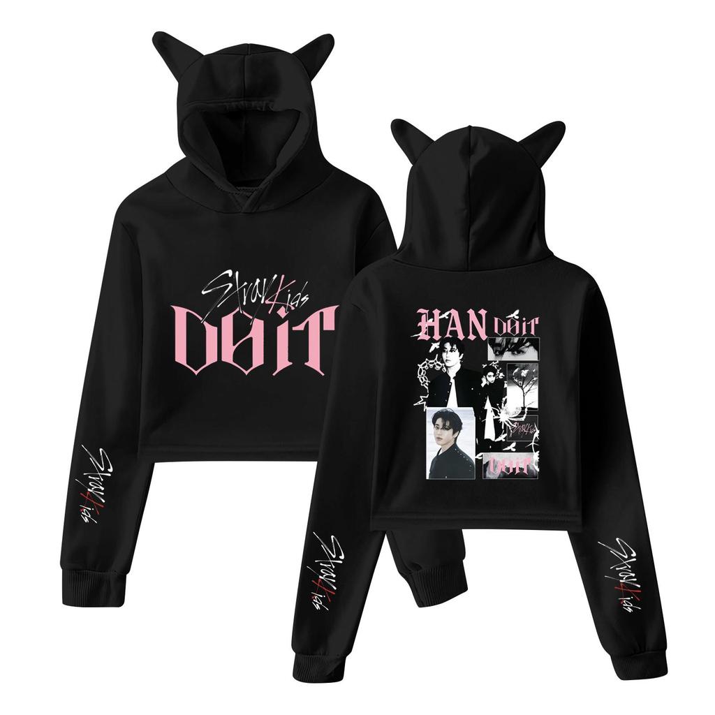 Stylish Women's Hooded Pullover Sweatshirt With Stray Kids Print, Trendy Long-sleeved Top.