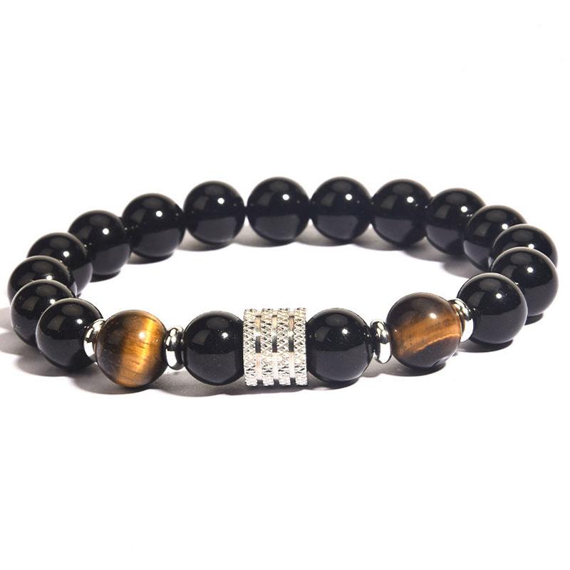 10MM Tiger Eye Stone Beaded Bracelets Hand Chains  Adjustable Black Obsidian Beads Stainless Steel Charm Bracelet for Men