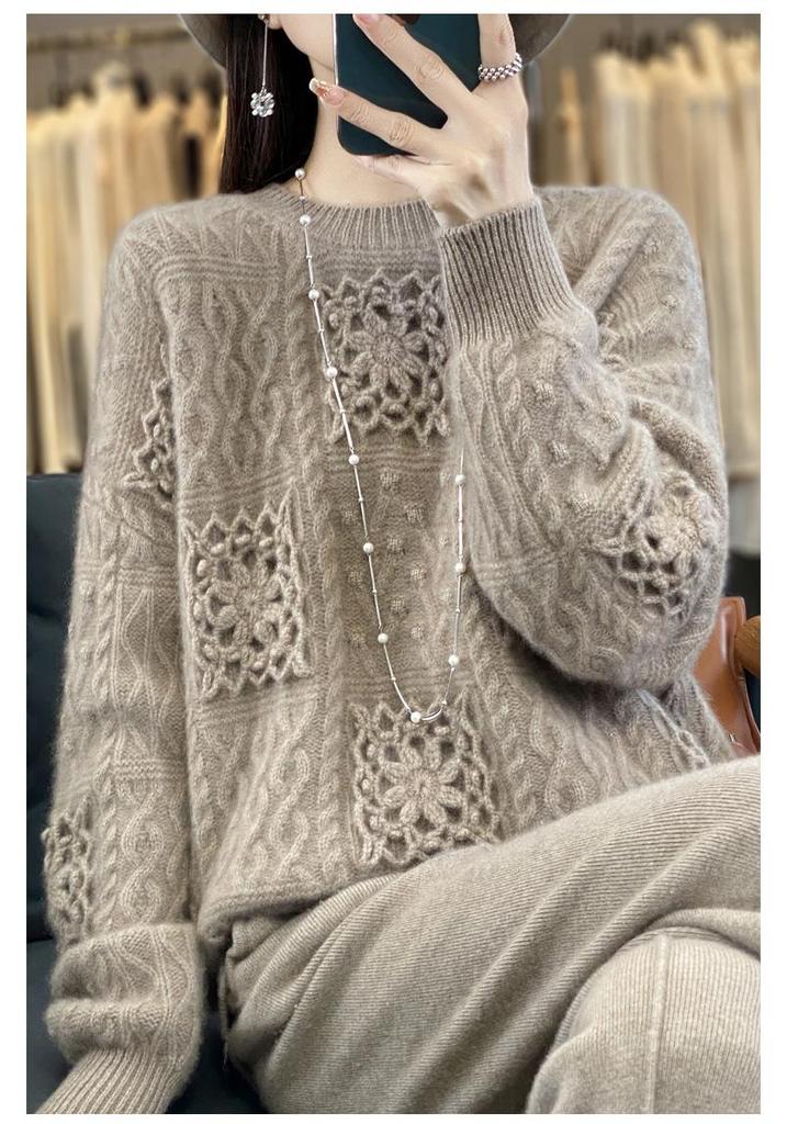 Women's 100% Pure Wool Crochet Loose Round-Neck Sweater - Heavy-Duty Trendy Base Layer