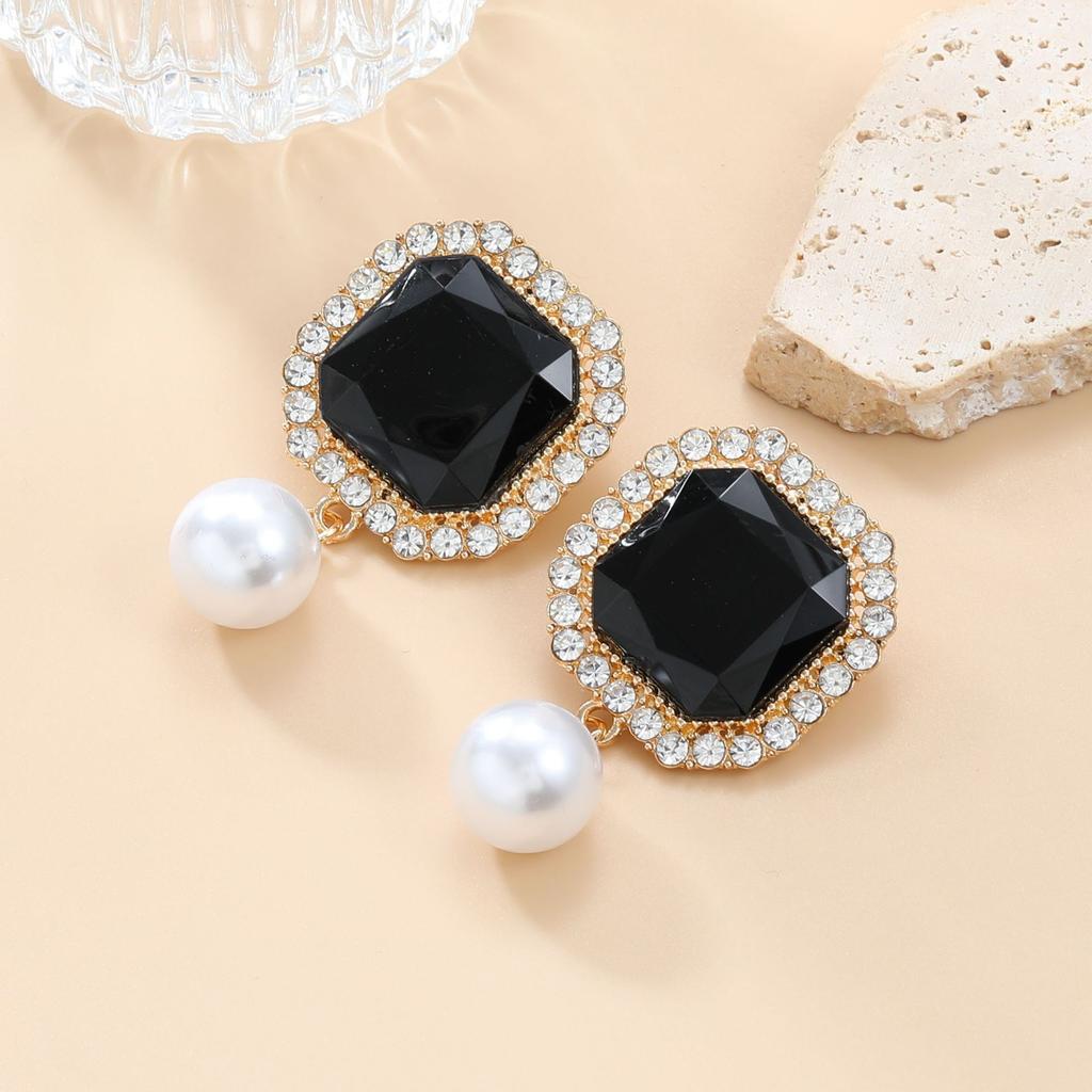 European and American earrings square full of diamonds imitation pearl earrings women's elegant banquet earrings exaggerated supply