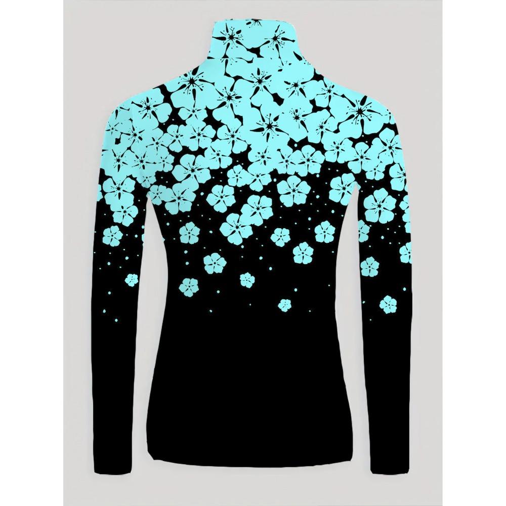 Women's autumn and winter cheongsam collar long sleeves, sky blue flower print T-shirt, suitable for autumn and winter wear