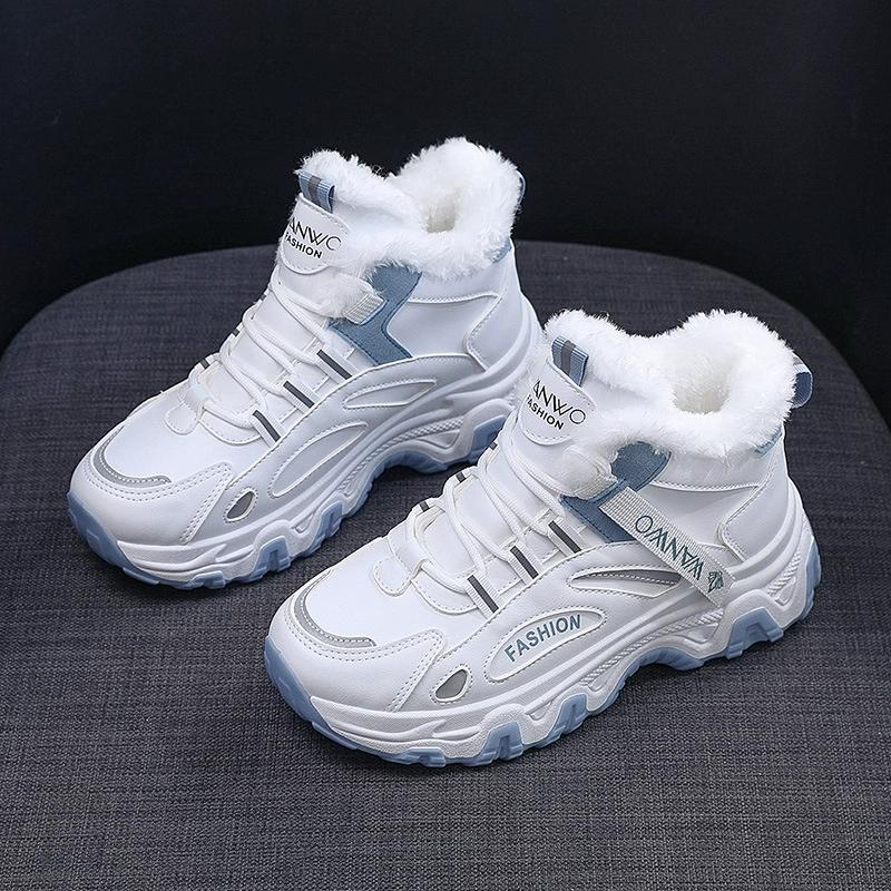 Automne Hiver Petites Chaussures Blanches Plus Velours Épais Chaud Chaussures en Coton Noir Polyvalent Chaussures à Panneaux en Cuir Chaussure de Sport Montante Automne et Hiver
