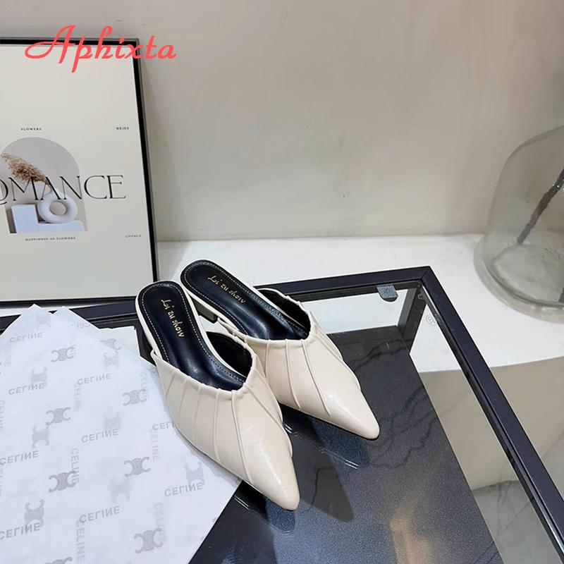 Aphixta High Heels Elegant Women Slides Pointed Toe Shallow Summer Dress Slides Sexy Pleated Design Patent Leather Slipper Shoe