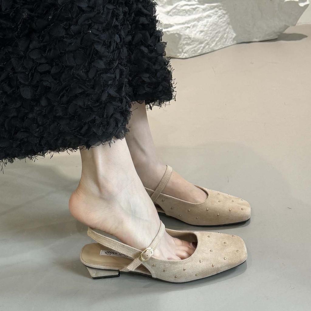 French Square Head Mary Jane Sandals Women'S Shoes Summer Suede Low Heel Thick Heel With Skirt Cool Slippers