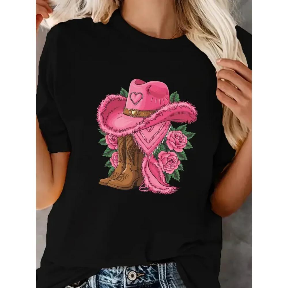 Western Cowboy Hat and Boots Pattern Printing Women's T-shirt Fashion Casual Short-sleeved Daily Round Neck Top