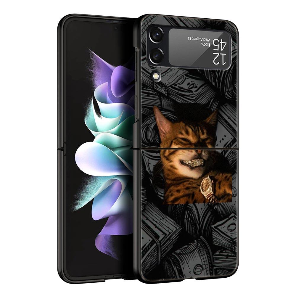 Hard PC Phone Case For Samsung Galaxy Z Flip 7 6 5 4 Black Cover For Galaxy Z Flip 3 Foldable Shockproof Money Cat Fundas Capas