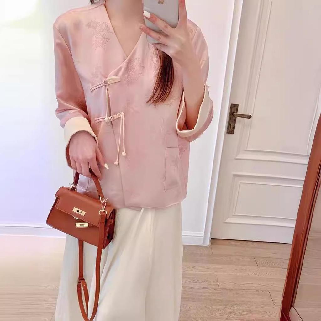 2024 Cool Zen-Style Women's Pink Hanfu Shirt Jacket for Early Autumn