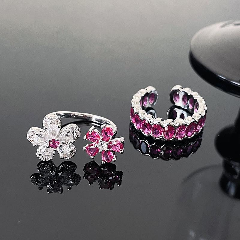 Niche Design Colored Treasure Cherry Blossom Pink Zircon Flower Opening Ring Sweet Princess Wind Stacked Ring