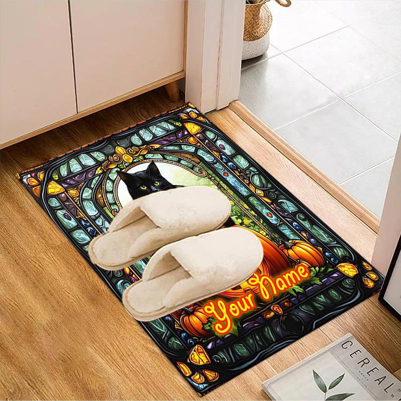 1PC Custom Name Halloween Black Cat Pumpkin Theme Floor Mat Ideal for Living Room, Game Rooms, Office, Bedroom, Floor Mat Playful Design