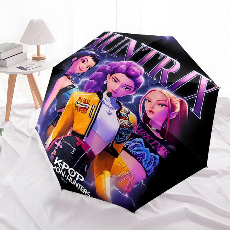 1pz Huntrix KPOP Demon Hunters Ombrello Pieghevole ad Apertura Automatica con Telaio in Ferro a 8 Stecche, Design Portatile per Uso Esterno, Regalo Ideale per Fan e Tra