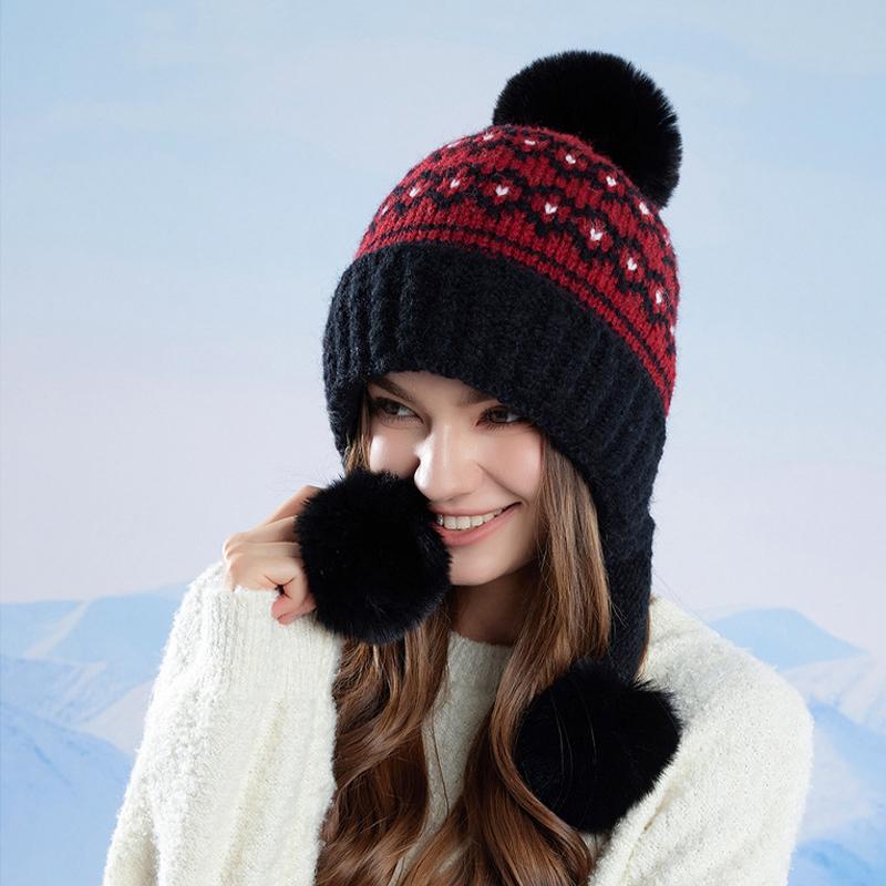Fur Ball Ear Protection Knitted Hat Women Velvet Warm Wool Hat Big Head Cap