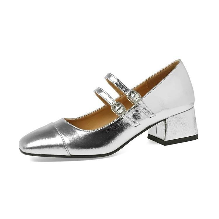 

Sheepskin French silver shoes one-word buckle strap medium heel high heels women s versatile Mary Jane shoes square head thick heel single shoes 35
