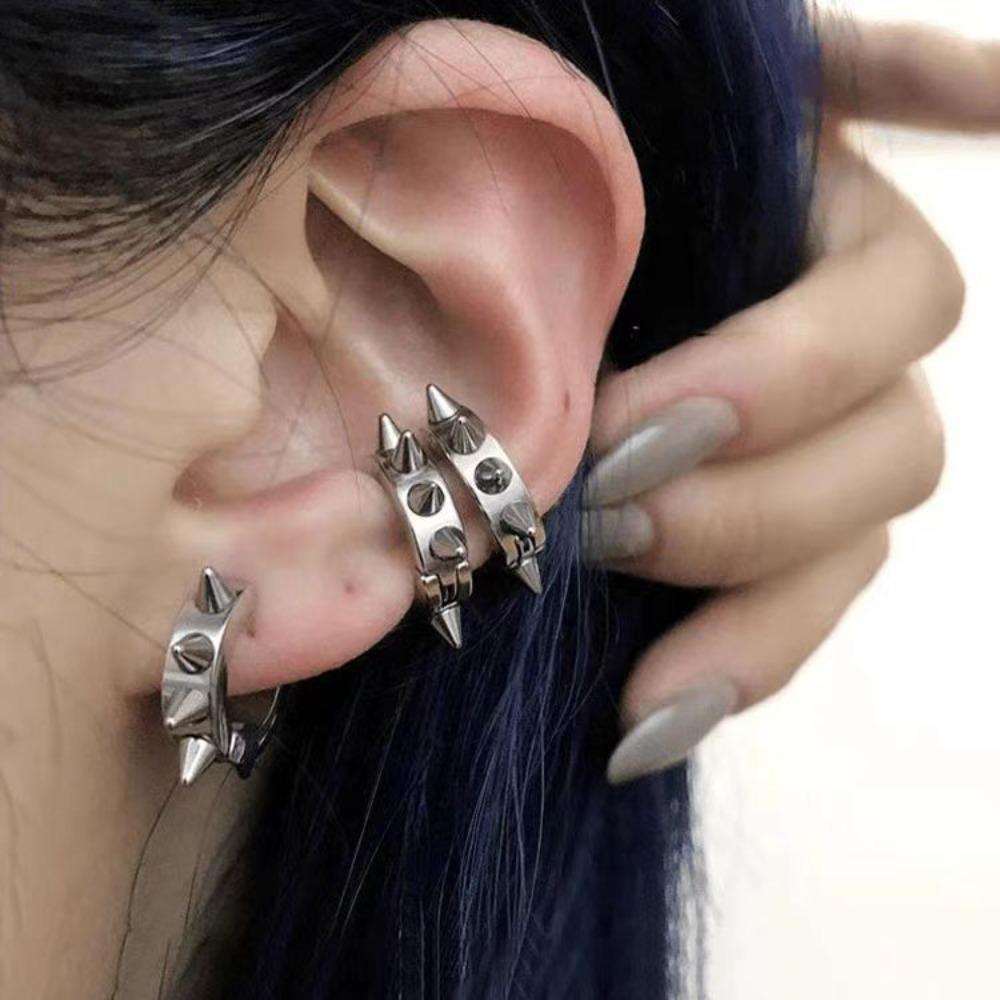 Punk Personality Sliver Color Rivet Spike Hoop Earrings for Women Men Hip-hop Street Ear Bone Clip Stainless Steel Jewelry Gifts