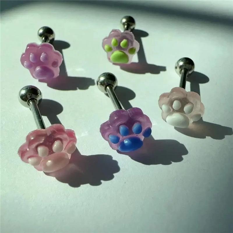 Color Changing Dog Paw Bear Paw Tongue Stud Earrings Bone Stud Resin DIY Cute Ins Sweet Cool Tongue Rings Piercing Jewelry