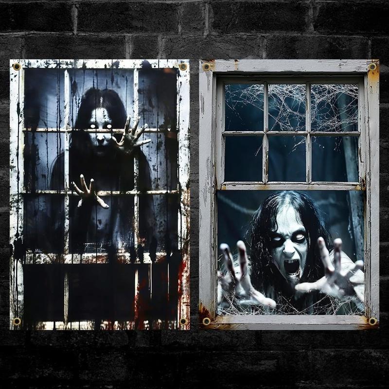 2-Piece Halloween Zombie Ghost Decor Bloody Window Scary Backdrop Outdoor Horror Hanging Cloth Spooky Party Supplies