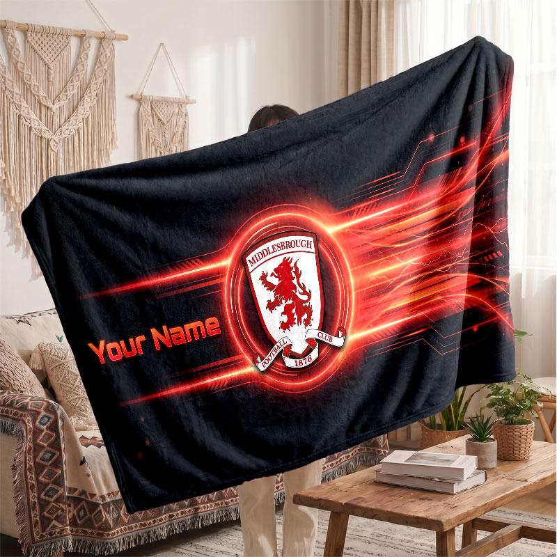 Couverture polaire personnalisée Middlesbrough FC avec logo de football, texte de nom personnalisé, couverture jetée douce et chaude pour la maison
