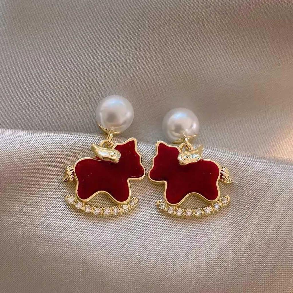 Zircon red natal year pony earrings light luxury stud earrings exquisite cute earrings