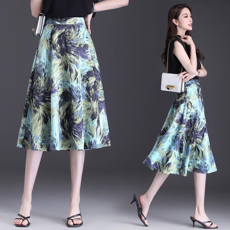 

Летняя женская юбка с цветочным принтом средней и длинной длины, модная и стройнящая, новый стиль, юбка-трапеция в цвете 3XL