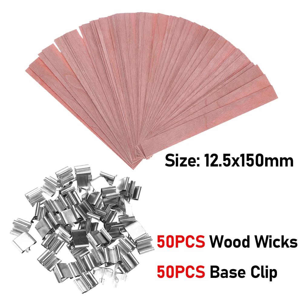 50pcs Wooden Candles Wick Smokeless Candle Core with Clip Base DIY Candle Making Kit Handmade Candle Wood Core Candlewick