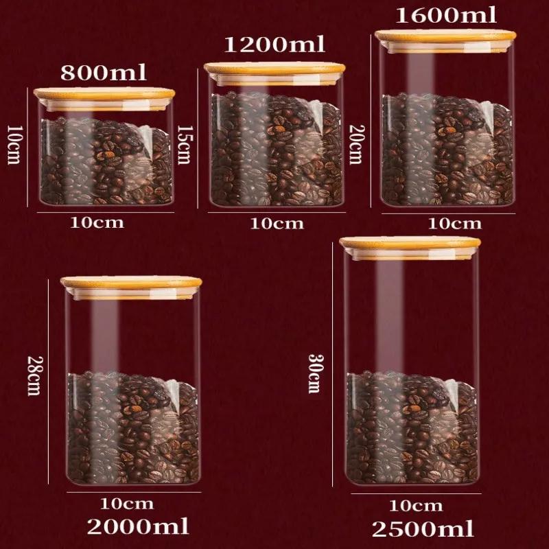 Square Glass Storage Jars with Bamboo Lid for Coffee Beans Grains Noodles Food Storage Containers Kitchen Organizers Storage