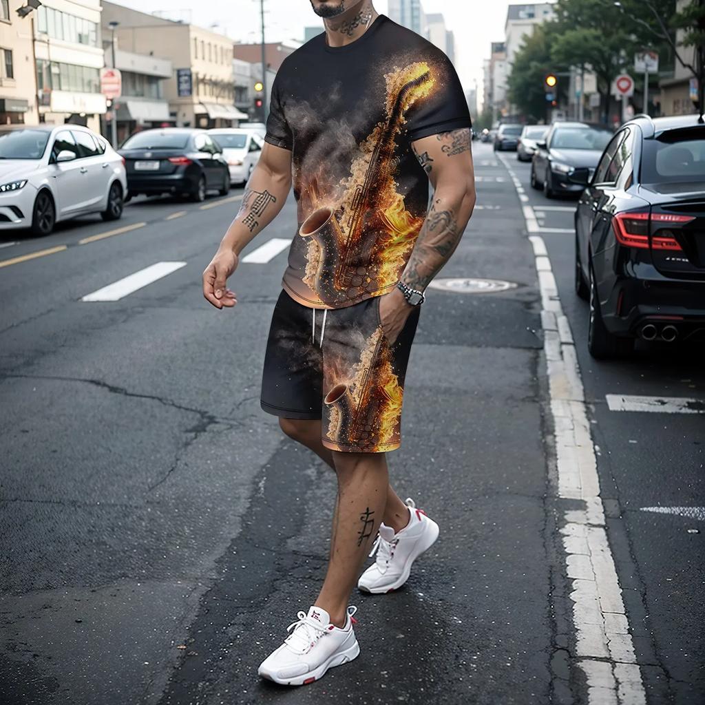 Summer Men's Two-piece 3D Music Instrument Short Sleeved Shorts Set Men's Running and Leisure Art Set Men's Clothing