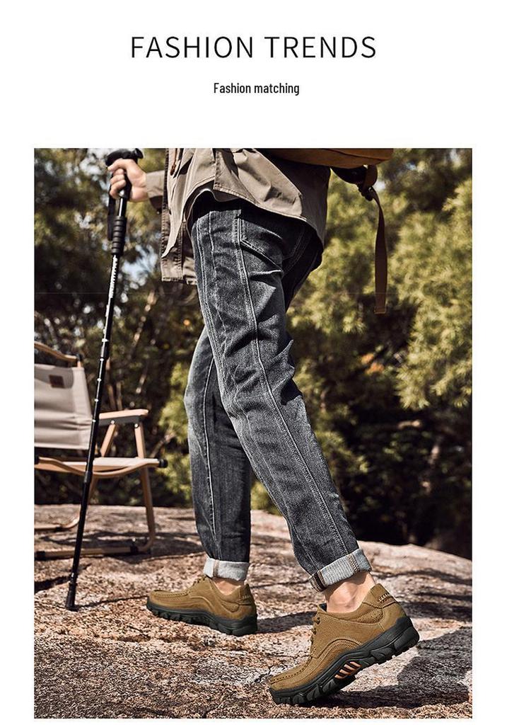 Men's Large Size Genuine Leather Outdoor Mountaineering Shoes - Breathable, Non-slip, Wear-resistant with Thick Sole.