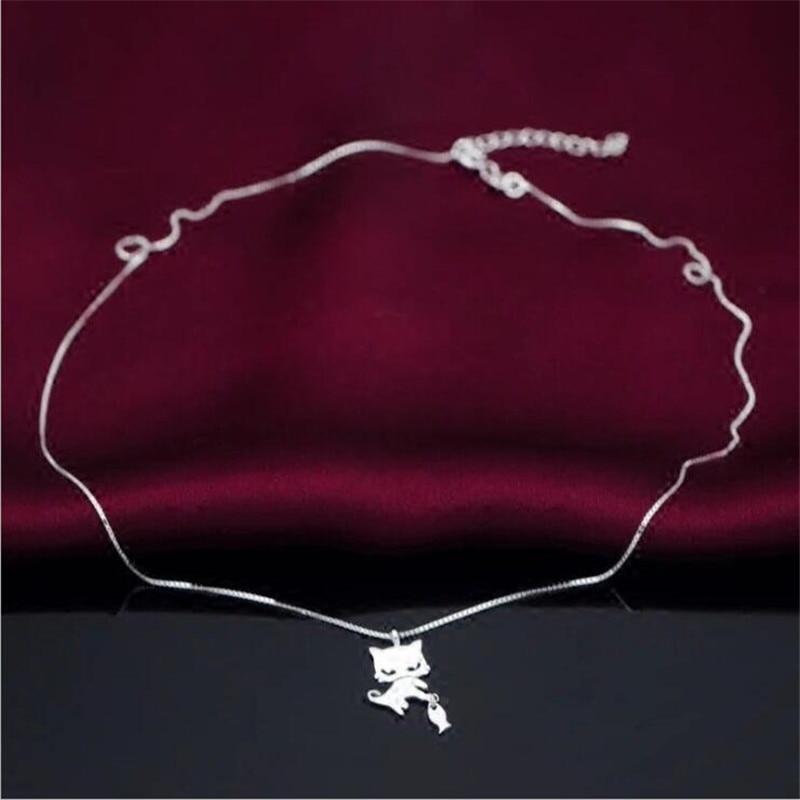 Simple Creative Cute Kitten And Fish 925 Sterling Silver Jewelry Fashion Animal Popular Cat Clavicle Chain Necklaces XL069