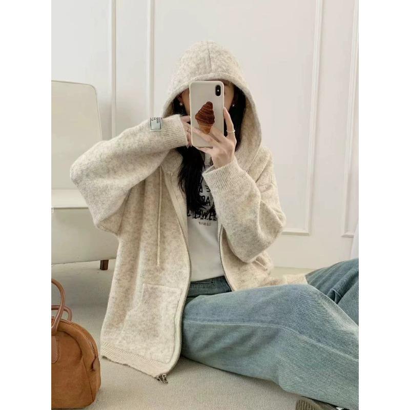Autumn and Winter New Casual Versatile Hooded Zipper Knitted Cardigan Women's Loose Lazy Wind Thin Sweater Jacket