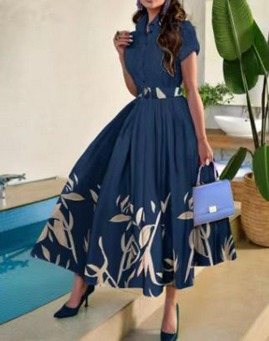 

Платье на пуговицах с коротким рукавом и цветочным принтом 2024 – Европейский и американский стиль, Большая юбка, Воротник-стойка XXL темно-синий
