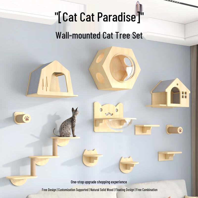 Wall-Mounted Solid Wood Cat Climbing Frame with Bed, Jumping Platform, and Scratching Post