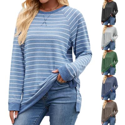2024 Jesień i Zima Nowy Pasiasty Kontrastujący Okrągły Dekolt Długi Rękaw Luźny Casualowy T-shirt Dla Kobiet