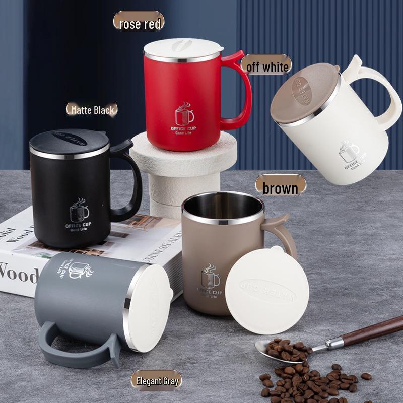 Stainless Steel Double-Layer Mug with Lid - Dust & Drop-Proof, Anti-Scald, for Home, Office & Dorm Use. Elegant Gray