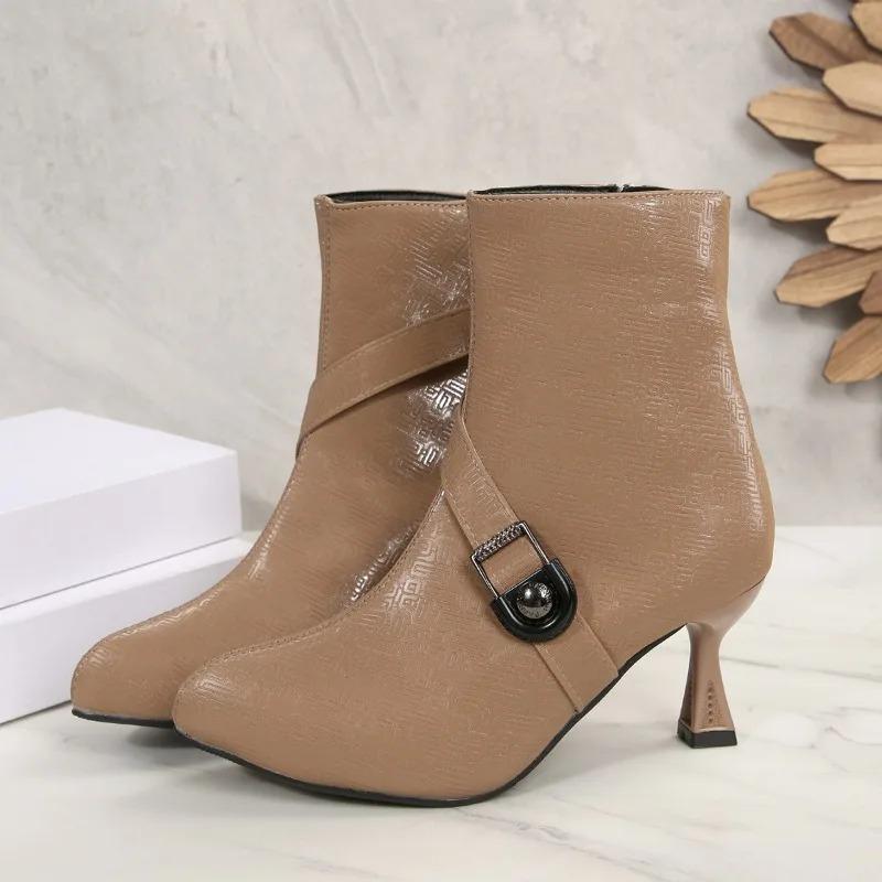 Winter New Metal Buckle Decorative Stiletto High Heels Fashion Boots Side Zipper Anti slip Wear resistant High Heels